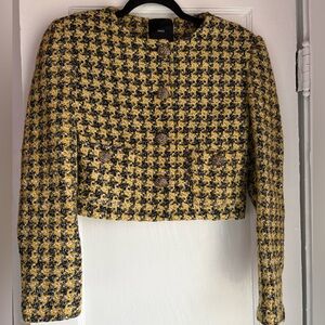 MNG Mango Cropped Tweed Jacket Black Yellow Textured Button Front Size M